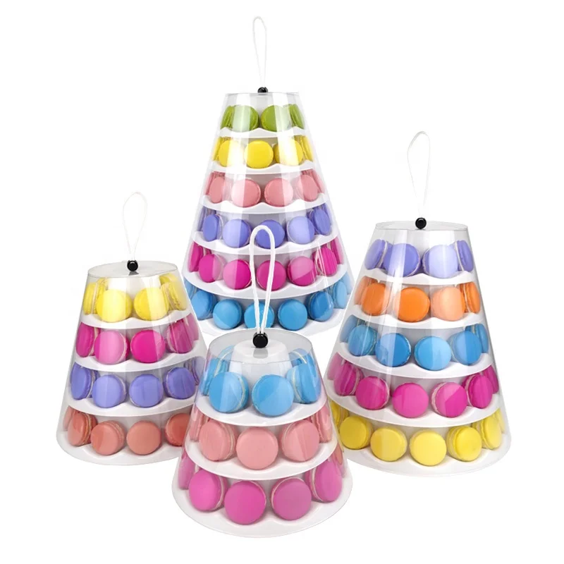 Wholesale 3 4 5 6 Tiers Plastic Macaron Tower Display Stand With Clear Cone Cover Take Away Packaging