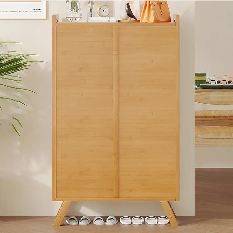 Bamboo Breathable Shoe Cabinet with Doors, Freestanding Entrance Multi-layer Storage Shoe Rack