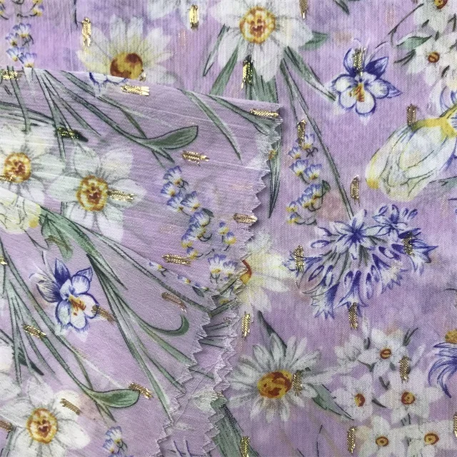 Factory Direct-selling chiffon crepe gold jacquard printed fabric metal wire printed fabric can make skirts and other clothing