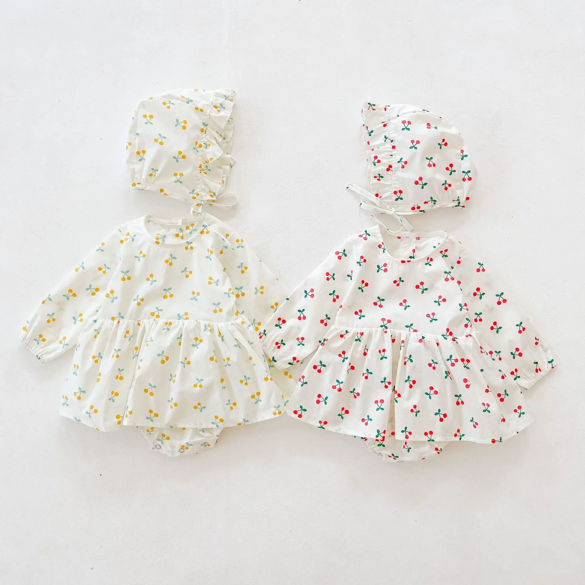 
Autumn Baby Dressing Gowns Cherries Dresses Newborn Infant Casual Romper Europe Style Layered Dress Clothes 