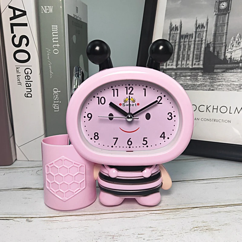 Cartoon alarm clock children learning with pen holder desktop clock jumping seconds yellow alarm clock