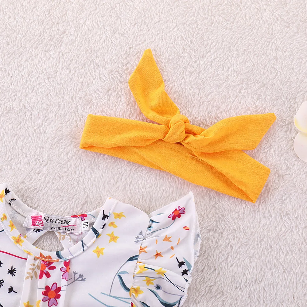 Summer Baby Girl Floral T-shirt + Skirt + Hairband 3pcs Suit Pretty babygirl clothes Children Wear