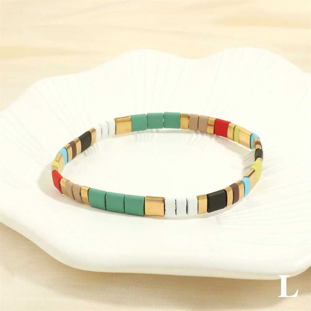 High quality handmade Bohemian Multi Color Flat Adjustable Paint Beads Elastic Bracelet Women Jewelry