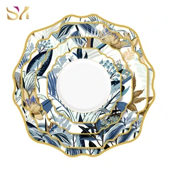 New Arrival Antique Cheap Blue Charger Plates Porcelain  4pcs Plate Set With Gold Rim