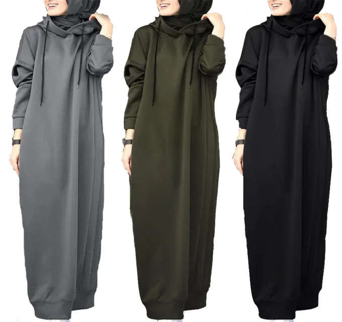 Fall & Winter Solid color 1 piece hooded fleeced abaya coat for Muslim Womens and ladies pullover sweatshirts Hoodies coat