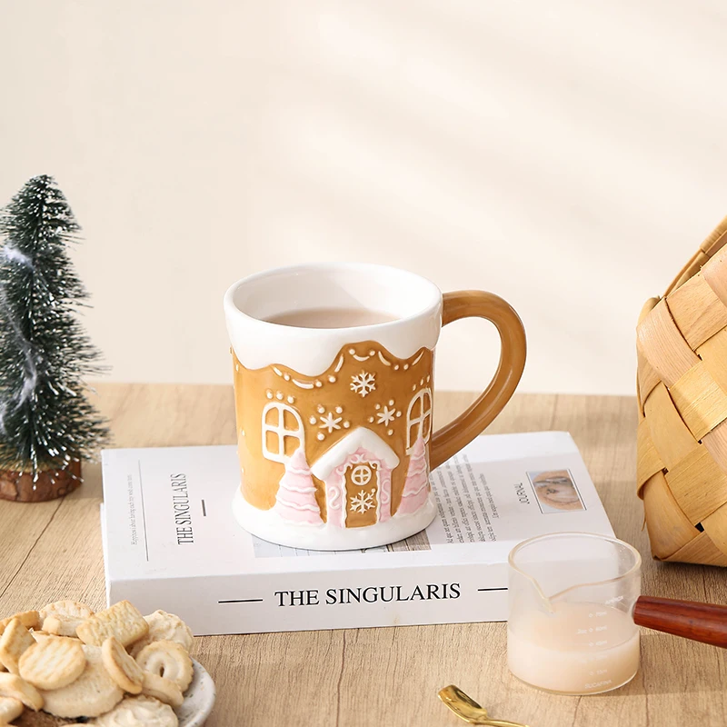 Wholesale Custom Cartoon handmade gingerbread man Christmas House embossed 3d Large Capacity Ceramic Cup Christmas Mug
