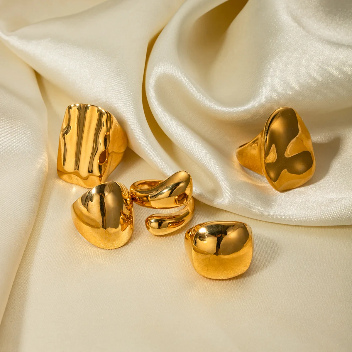 Minimalist Stainless Steel Rings Gold Plated Unisex Chunky Water Drop Textured Set Irregular Jewelry Design