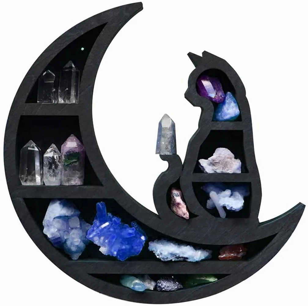 CaoXian HiHome Cat on The Moon Crystal Wood Shelf,  Beautiful and Delicate Engraved Moon Design