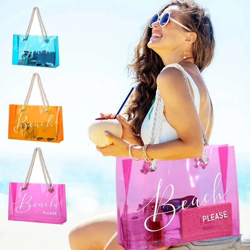 Custom logo plastic cute transparent waterproof neon candy color PVC beach gift shopping tote bag