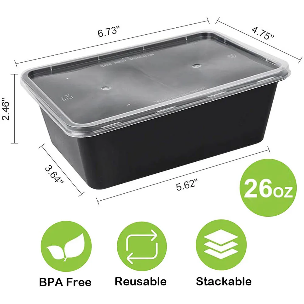 25Pcs Disposable Lunch Box 750ml Black Plastic Lunch Box Refrigerator Microwave Tableware Food Storage Container Lunch Box