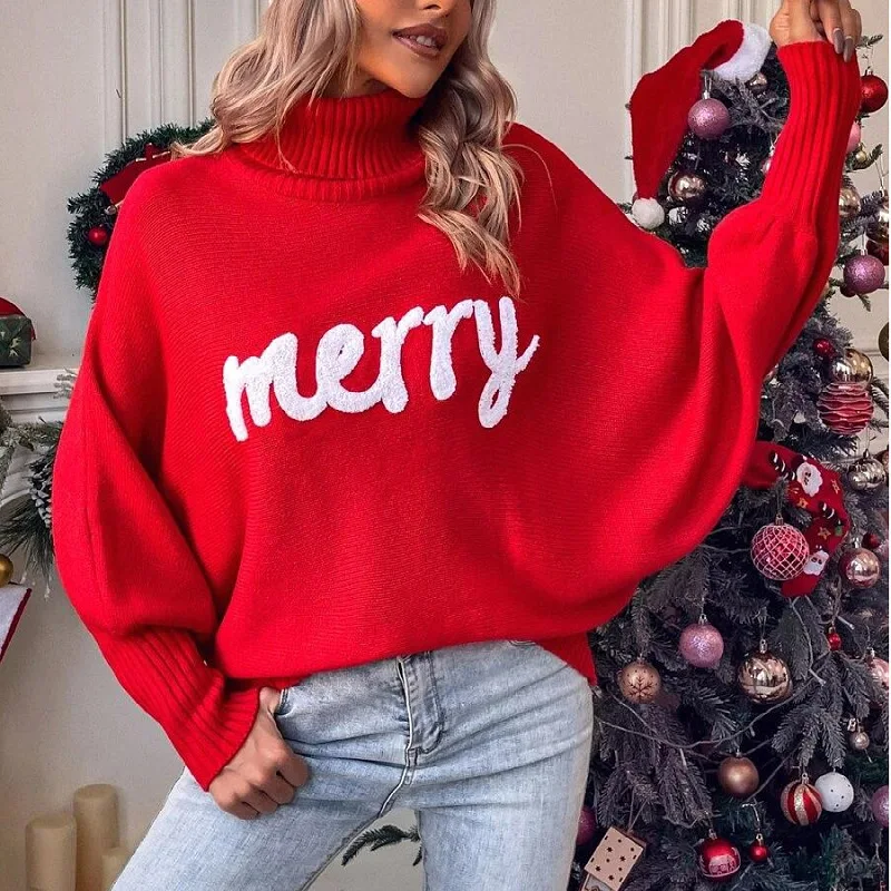 Wholesale Red Pink Merry Letter Embroidered Turtle Neck Woman Clothing Ugly Christmas Sweater For Women 2023