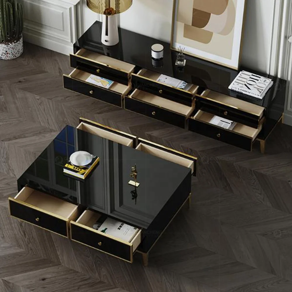 tv unit white wooden and bone inlay coffee table with storage 2 drawer modern moroccan crystal gold carbon