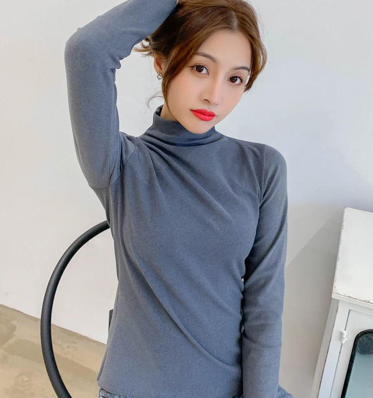 New 2021 Winter Women Basic T Shirt Long Sleeve Turtleneck Elastic Underwear T-Shirts For Women Candy Color Tops Tees Camisetas