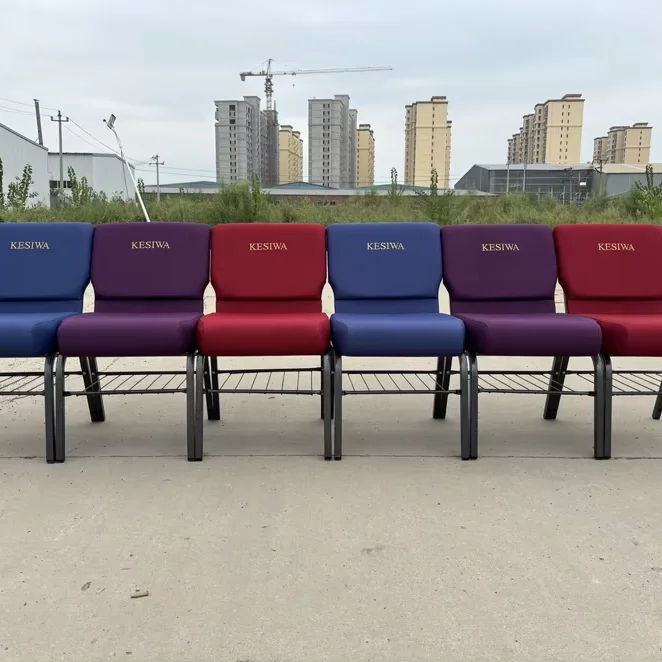 Производитель крепкий Красный Синий тканевый стальной церковный стул для продажи