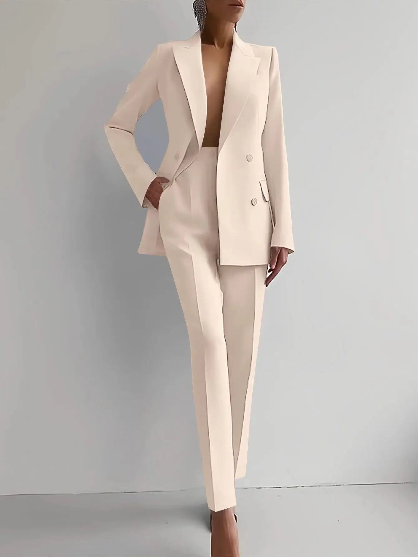 2024 Wholesale Women Spring Thin Style Suit Coat + Long Pants Solid Color Two Piece Set Suits Lapel V-Neck Office Lady Suits