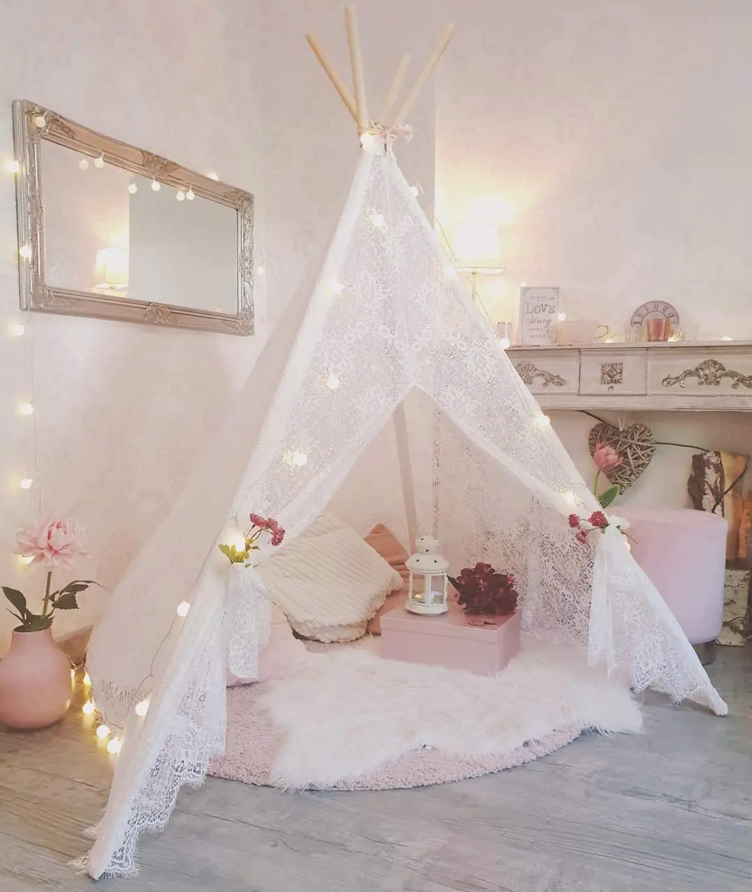 Kids Teepee Tent Lace Toy Tent Indoor&Outdoor Children Playhouse Luxury Lace Tent for Wedding Party Photo Prop Lace Canopy