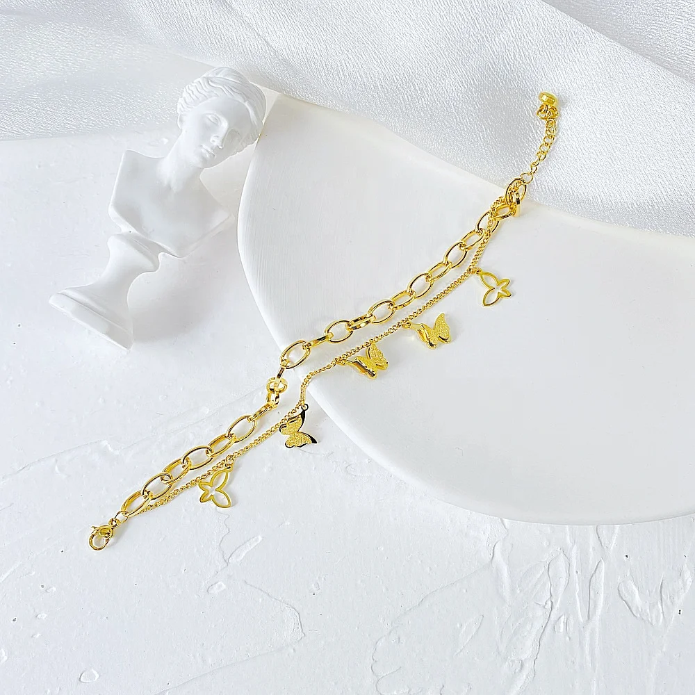 Low MOQ Double Layered Bracelet Oval Chain Cuban Link Chain Gold Bracelet Stainless Steel Butterfly Bracelet for Gift
