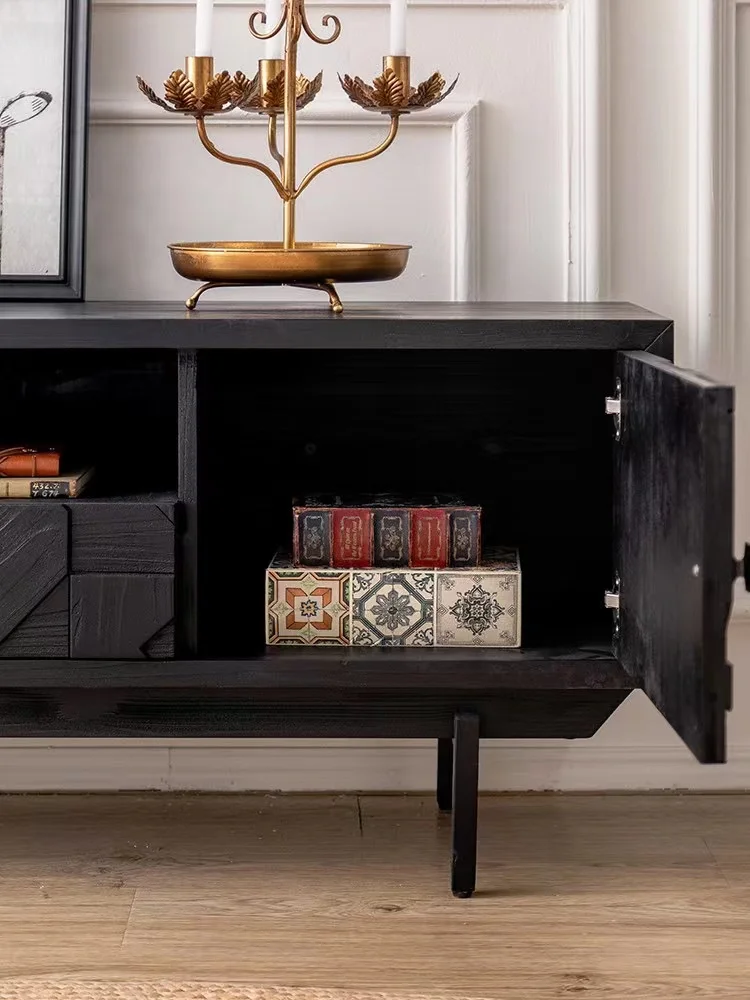 French Retro Style Black Carved TV Stand Solid Wood Entryway Storage Decorative Cabinet for  Living Room