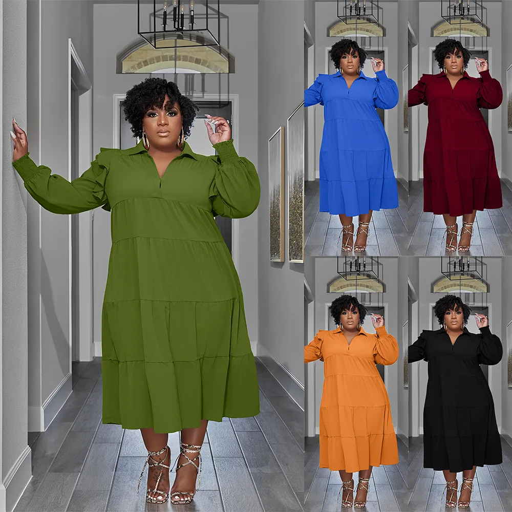 2023 Casual Womens Autumn Clothes Temperament Elegant Womens Shirt Collar Tiered Skirt Plus Size Dress