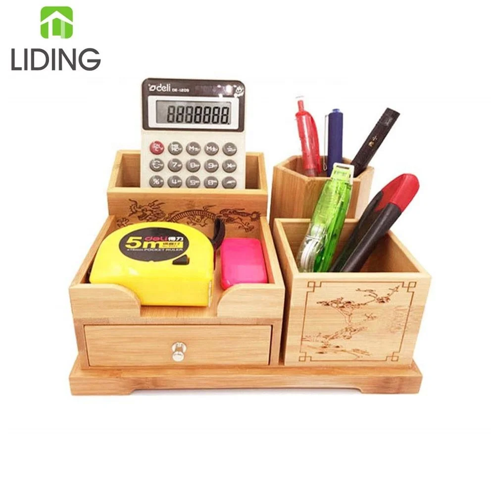 Bamboo Wooden Desk Organizer Pen Holder Accessories Storage Caddy with Drawer