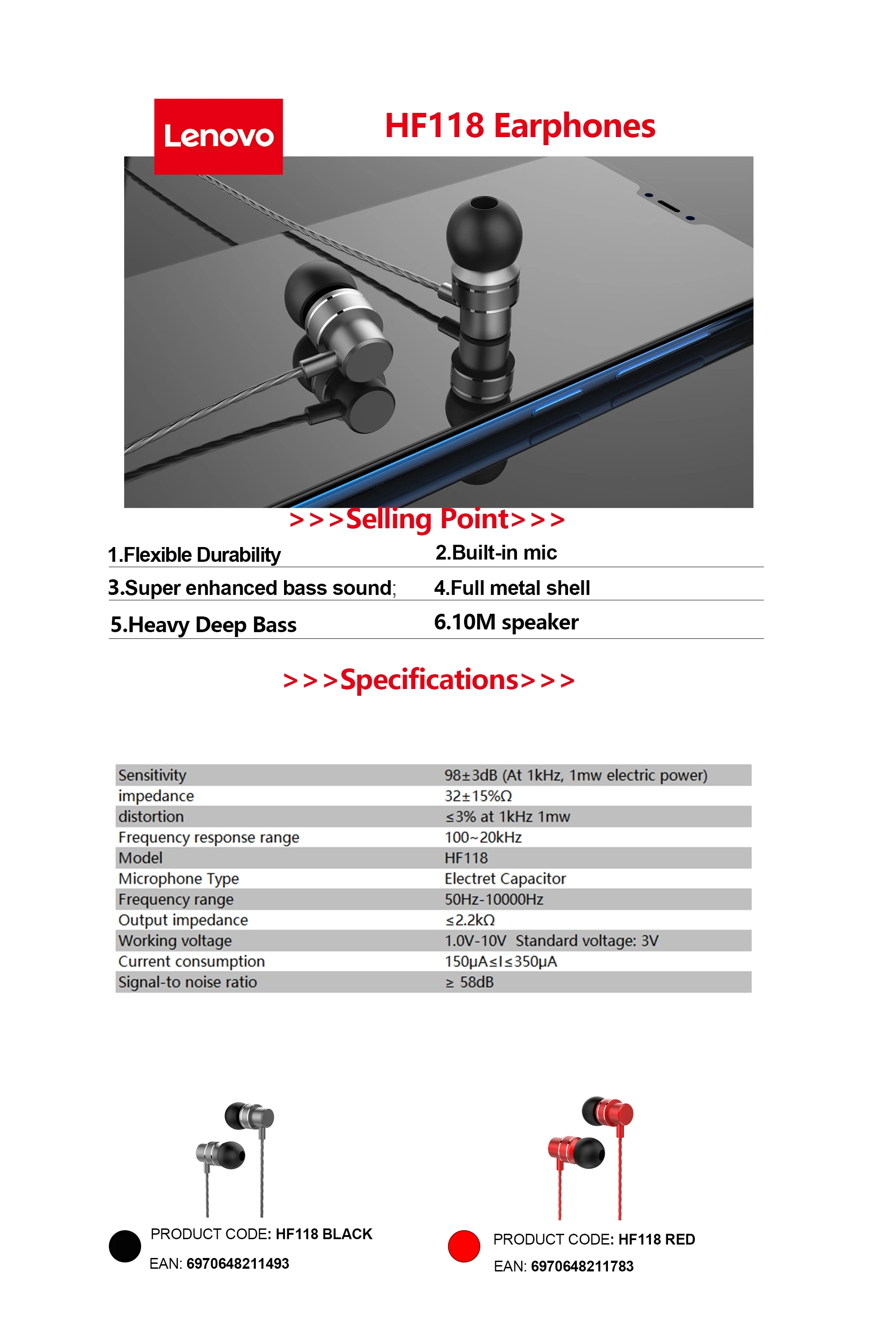 
2021 new Lenovo earphone HF118 super bass sound wired cheap noice cancelling headphone with wire good quality 