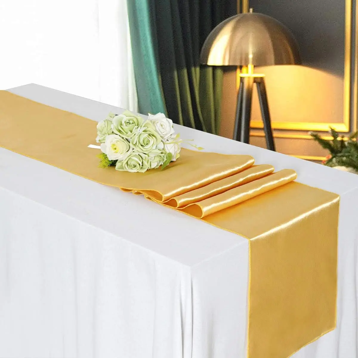 Gold Table Runner 17.5cm*274cm Long Satin Silk luxury Table Runner for Wedding Banquet Graduations Birthday Party Decoration