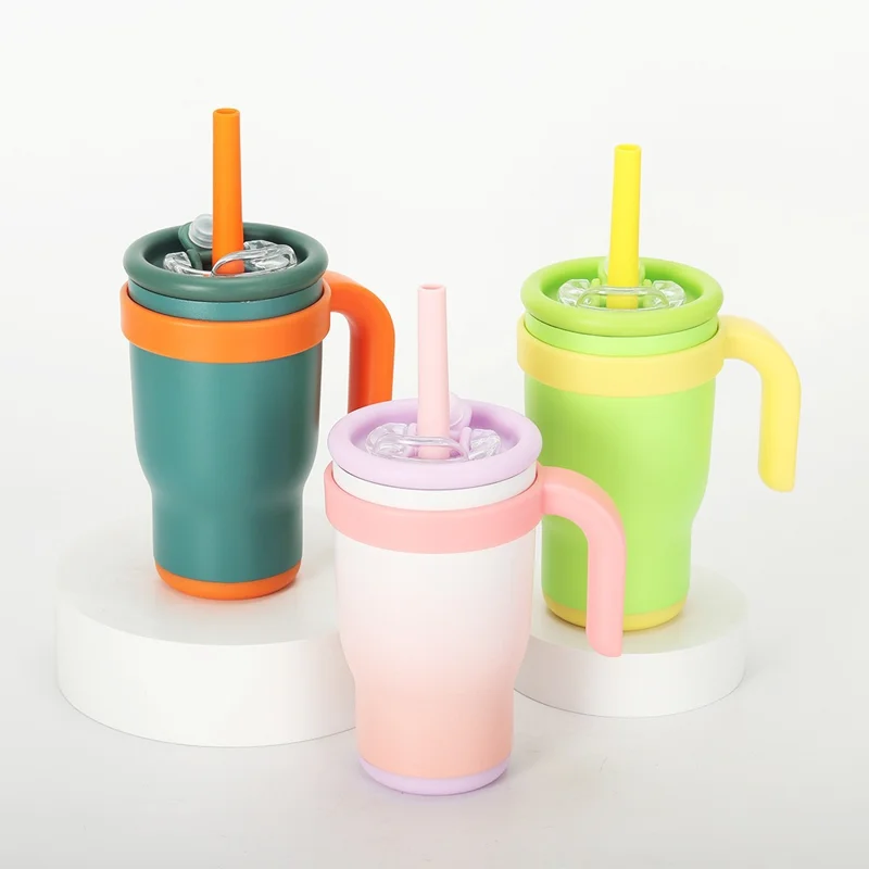 Customizable 14oz Kids Tumbler with Handle and Silicone Straw Thermal Insulated Stainless Steel Reusable for Toddlers