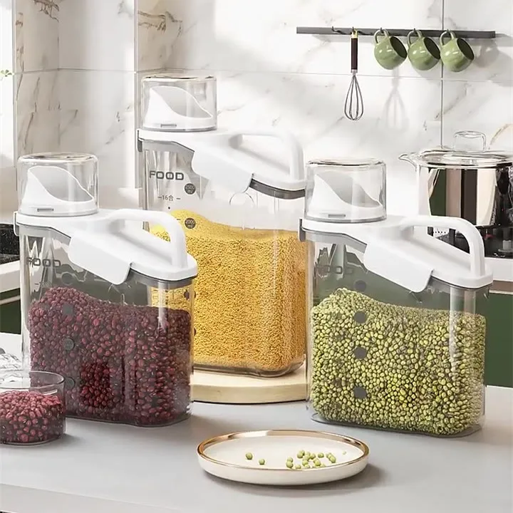 Transparent Cereal Tank with Measuring Cup Grain Container Household Food Storage Bin Flour Container