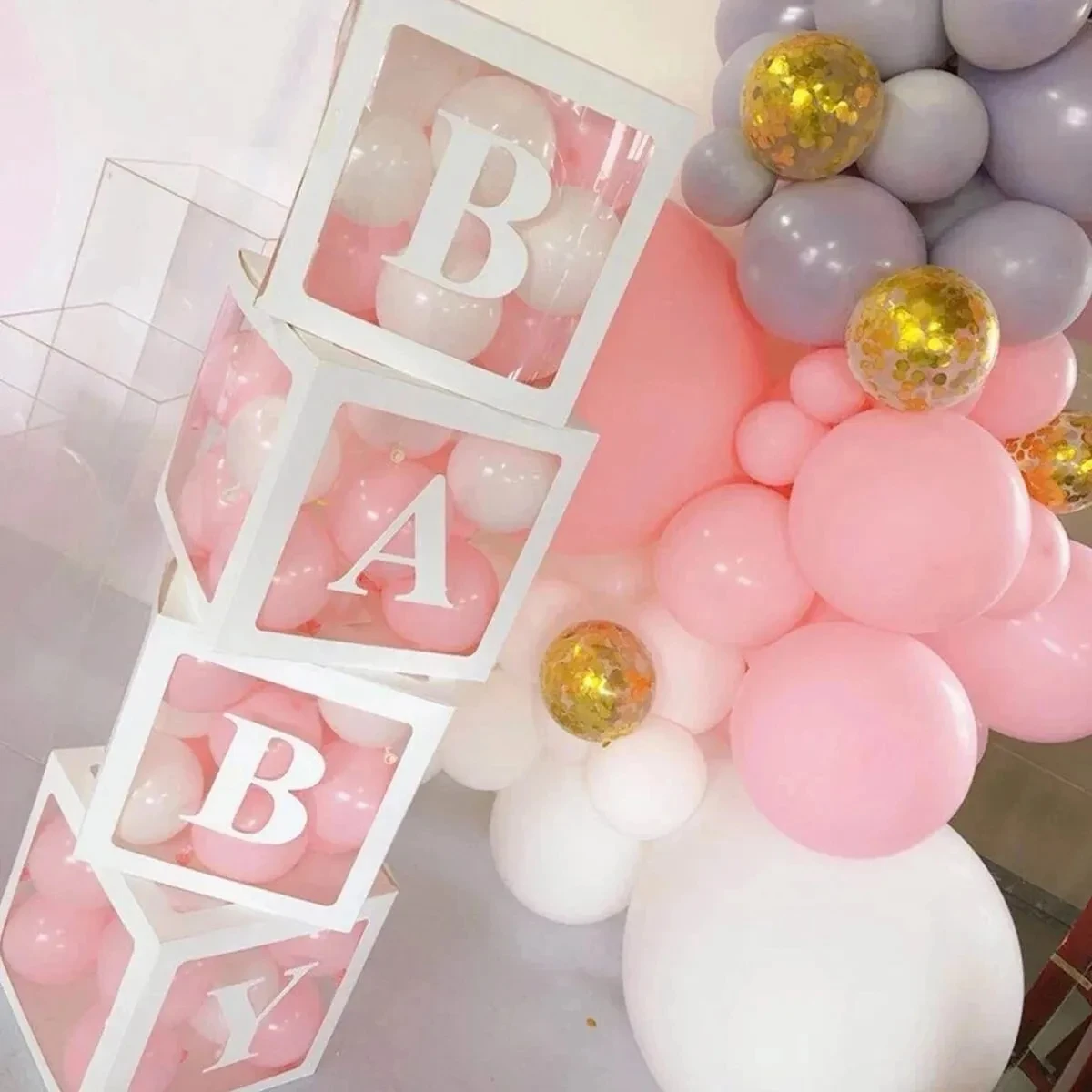 Transparent DIY Baby Shower Boxes Baby Letter Blocks Balloon Box For Baby shower Party Decoration Birthday Party Favor Supplies