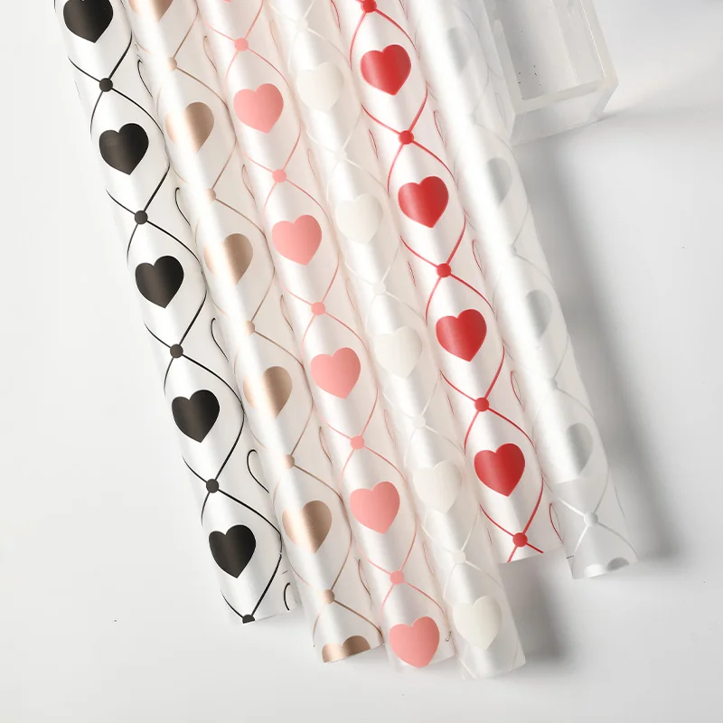 Korea Matte Printing Pink Heart Floral Film Flower Wrapping Paper For Packaging Material