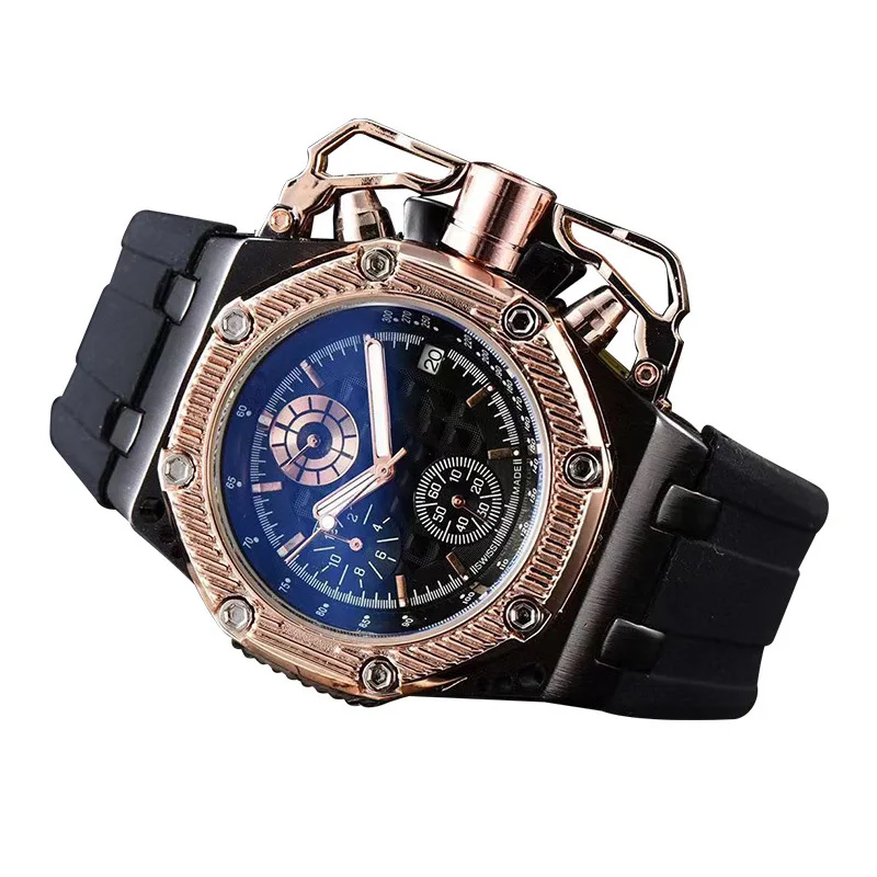 Мужские кварцевые часы с черным силиконовым ремешком, модные водонепроницаемые наручные часы с хронографом
