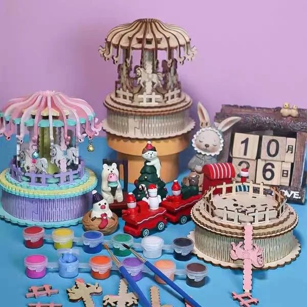 Beaverlab Home Decoration DIY Puzzle Assemble Toys Handheld Wooden Carousel Horse Music Box for Kids