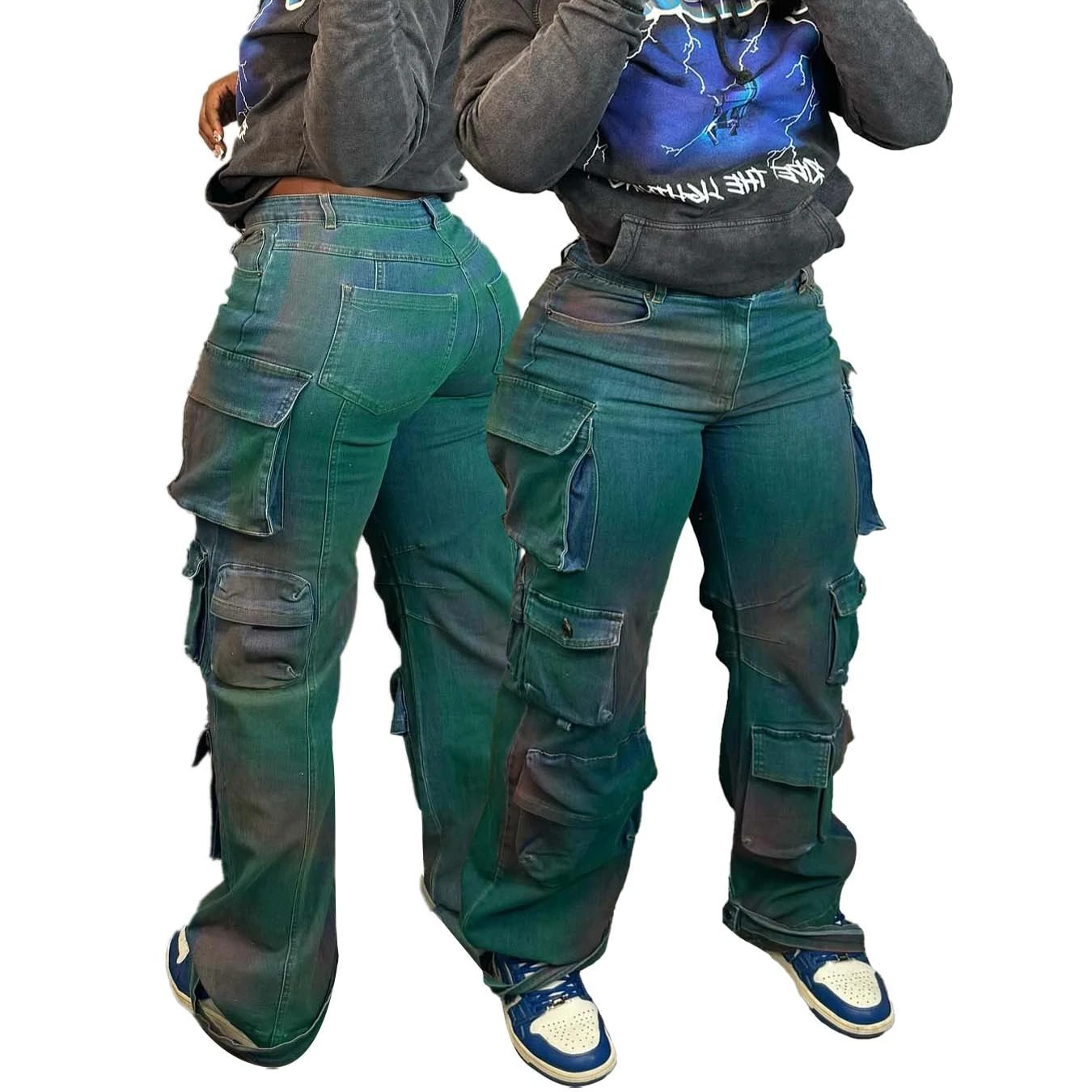 Spring 2024 Women Jeans with Pockets Stretchy Baggy Tie up Bottom Jeans Womens Hot Selling Cargo Jeans Women High Quality Dark