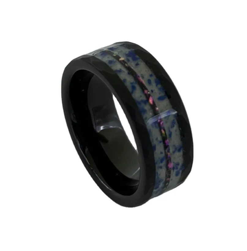 8mm 6mm Black Plated Tungsten Rings for Men Women Galaxy Opal Glitter Powder Inlay Mens Wedding Band Engagement Promise Ring