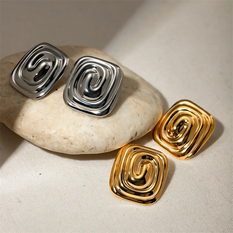 Ins Style Design 18K Gold Stainless Steel Jewelry Rectangular Spiral Vortex Shape Earrings For Women