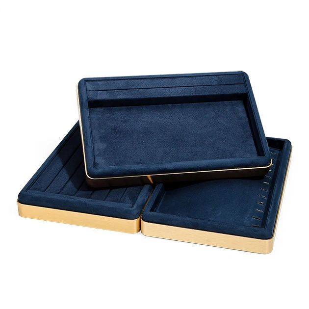 Wholesale blue suede leather necklaces earrings bracelets rings display jewelry tray
