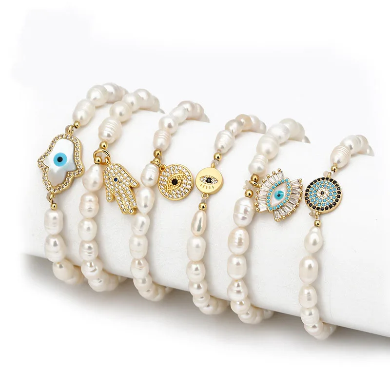  Baroque Freshwater Pearl Beads Bracelet Gold Plating Full Zirconia Hand