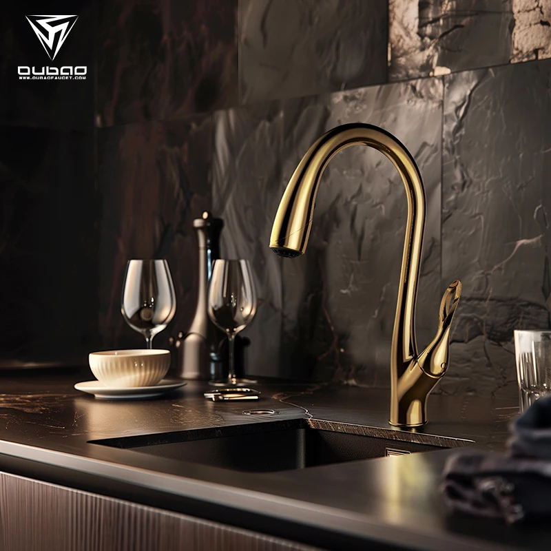 Modern Deck Mounted Single Hole Mixer Flexible Water Tap Rose Gold Hose Pull Out Kitchen Faucet