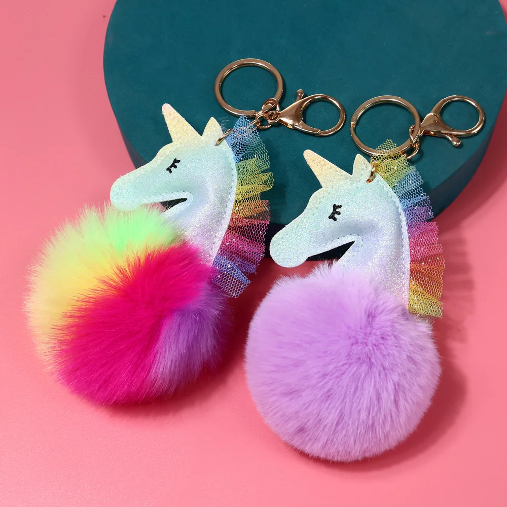 Mini Cartoon Cute Colorful Leather Fur Ball Horse Unicorn Plush Keychain Accessory Charm Keychain