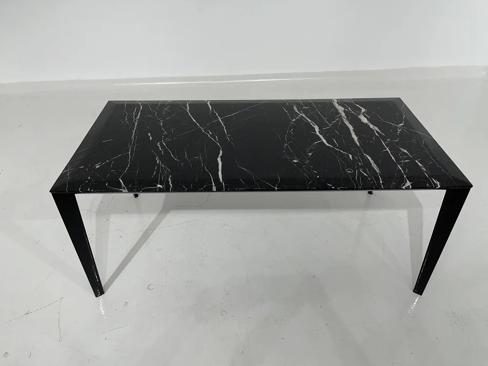 Modern Gold Inlay Dining Table with High Gloss Solid Steel Black Base for Home or Office Furniture