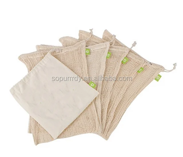 Sopurrrdy eco friendly reusable rice vegetable and fruit drawstring organic cotton muslin produce bag