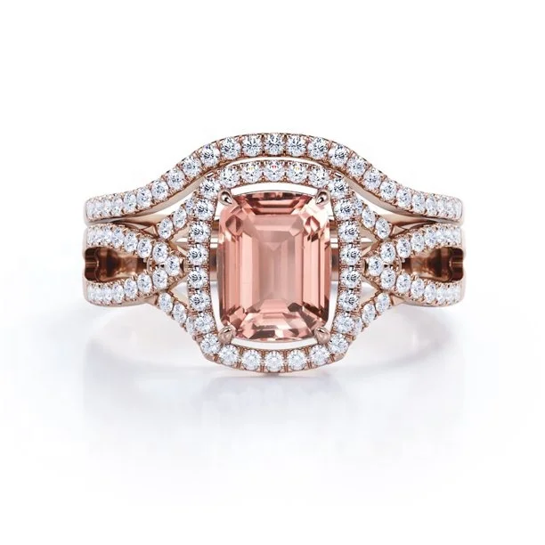 Emerald Cut Morganite And Zircon Halo Infinity Bridal Ring Sets On 18K Rose Gold Over Silver