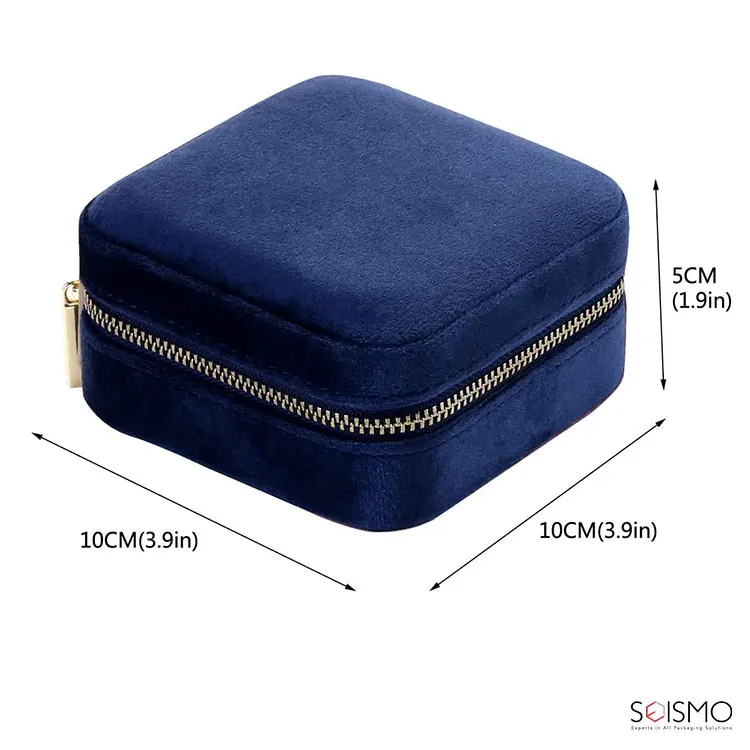Wholesale Custom Small Travel Navy Blue Velvet Zipper Necklace Jewellery Ring Packaging Storage Gift Jewelry Box Organizer Case