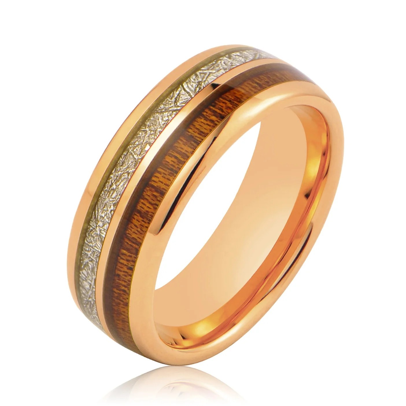 Couple Jewelry KOA Wood and Meteorite Tungsten Wedding Ring Rose Gold
