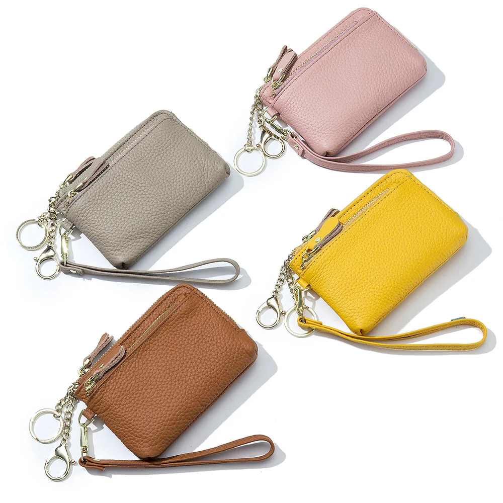 High Quality Cowhide Leather Zipper Pocket Small Coin Purse Portable Mini Wristlet Genuine Leather Short Wallet For Women