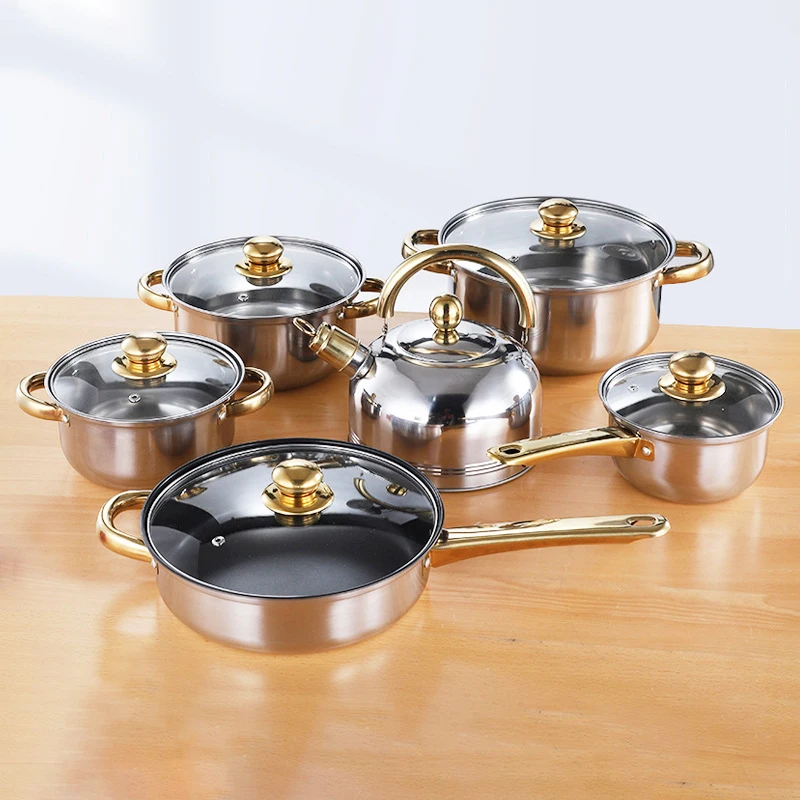 Factory-Sales 12 Pcs Set Thickened Cookware Non-stick Stainless Steel Pots And Pans With Kettle