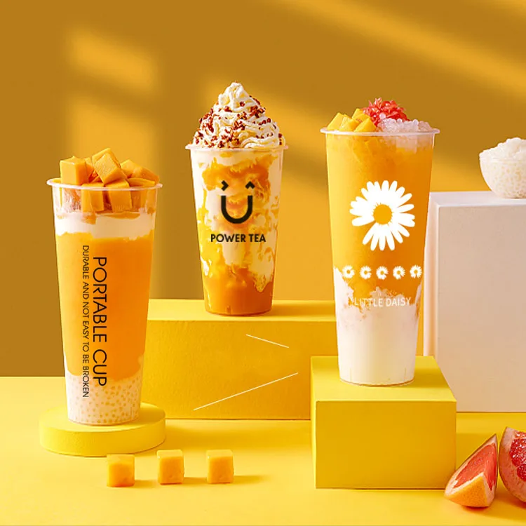 Custom Logo 360ml 500ml 700ml 1000ml Disposable Thick Smoothie PP Clear Frost Plastic Bubble Boba Milk Tea Cup with Lid