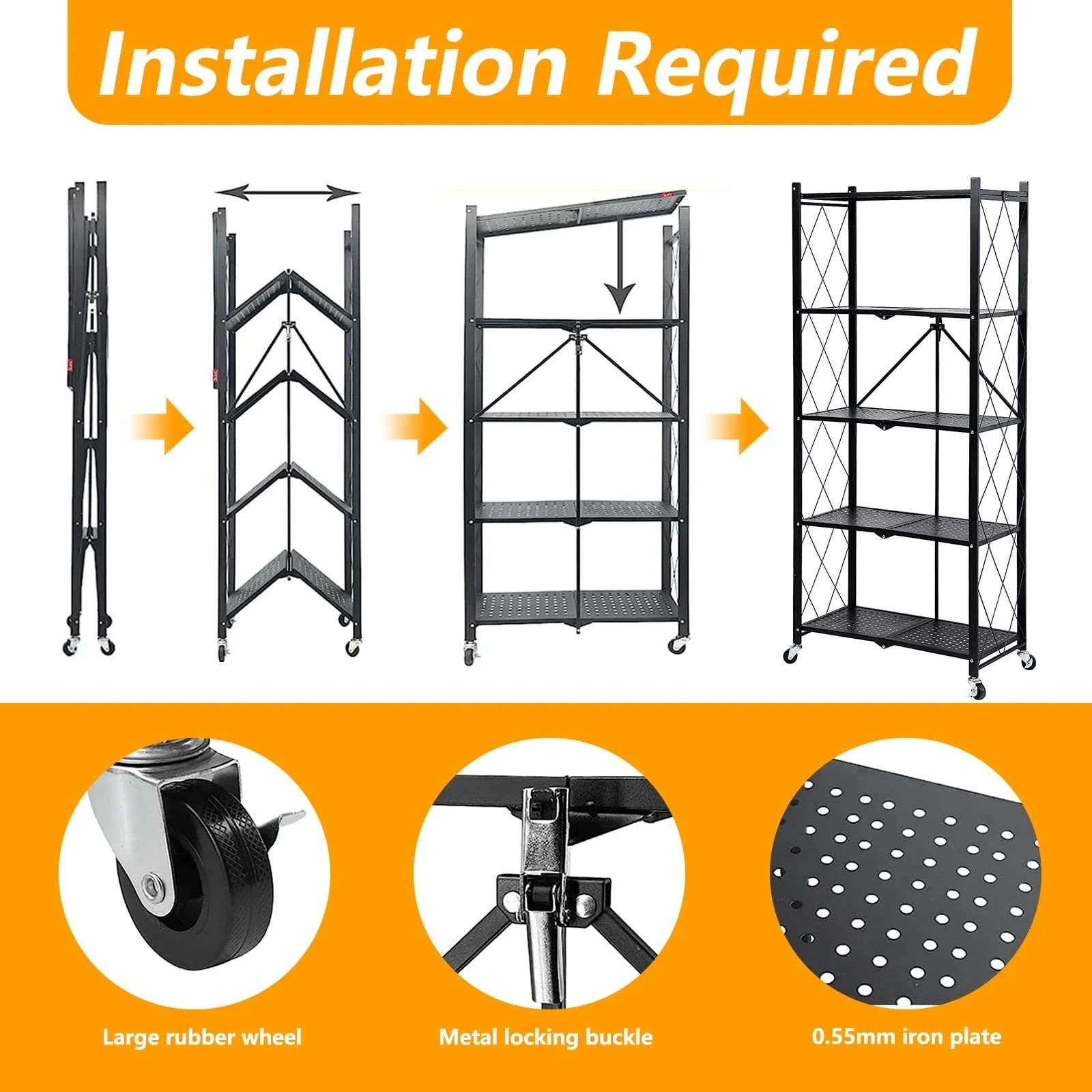 Installation-Free Household Folding Black Mobile Kitchen Folding Storage Shelf Microwave Oven Foldable Rack Organizer