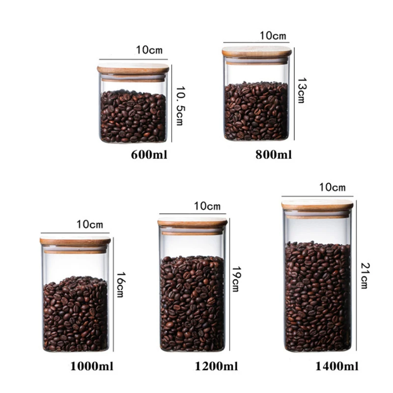 High borosilicate airtight stackable square bamboo lid glass jar with silicon ring