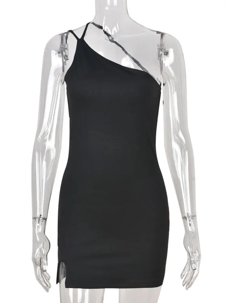 Sexy Slant Shoulder Sleeveless Bodycon Mini Dress Women Black Gothic Backless Vestidos 2022 Summer Harajuku Clothes